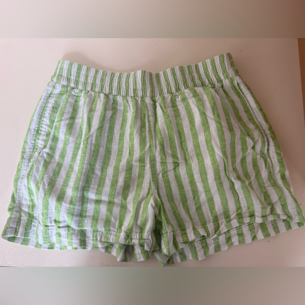 Green and White Striped High-Waisted Linen Shorts